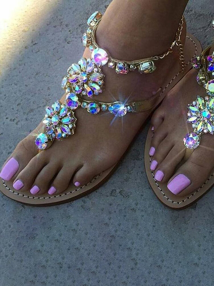 Large Size Women Summer Holiday Casual Rhinestone Golden Chain Thong Sandals