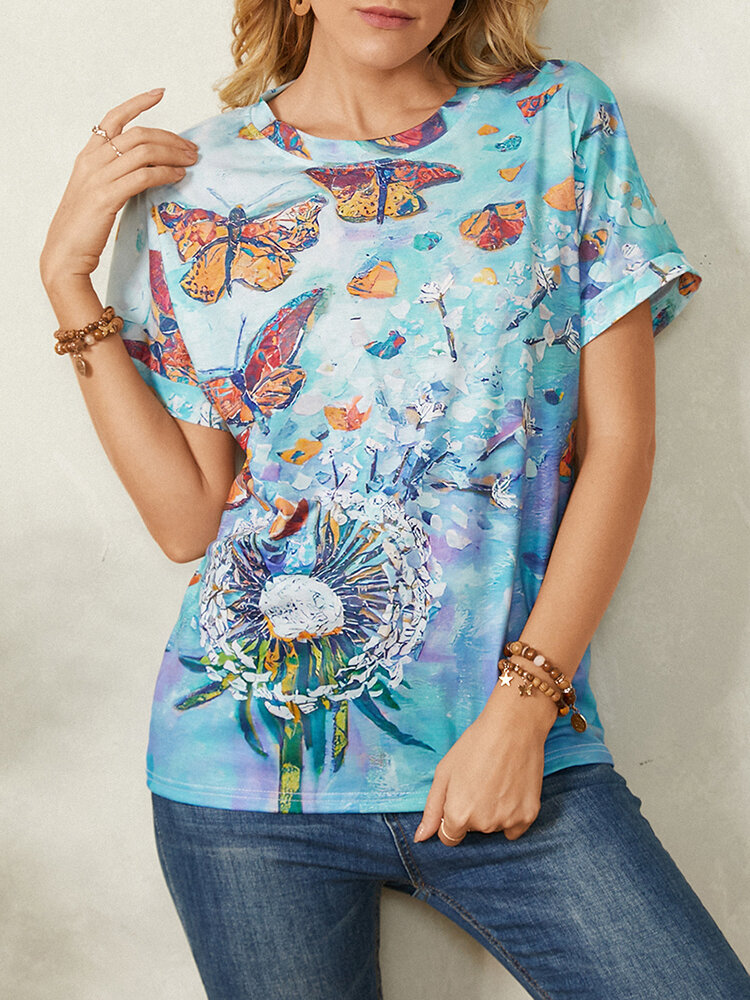 Butterfly Print O-neck Short Sleeve Casual T-Shirt For Women