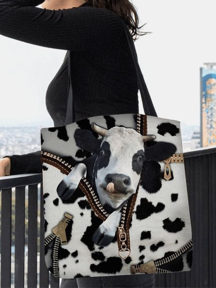 Women Felt Cow Pattern Printing Handbag Shoulder Bag Tote