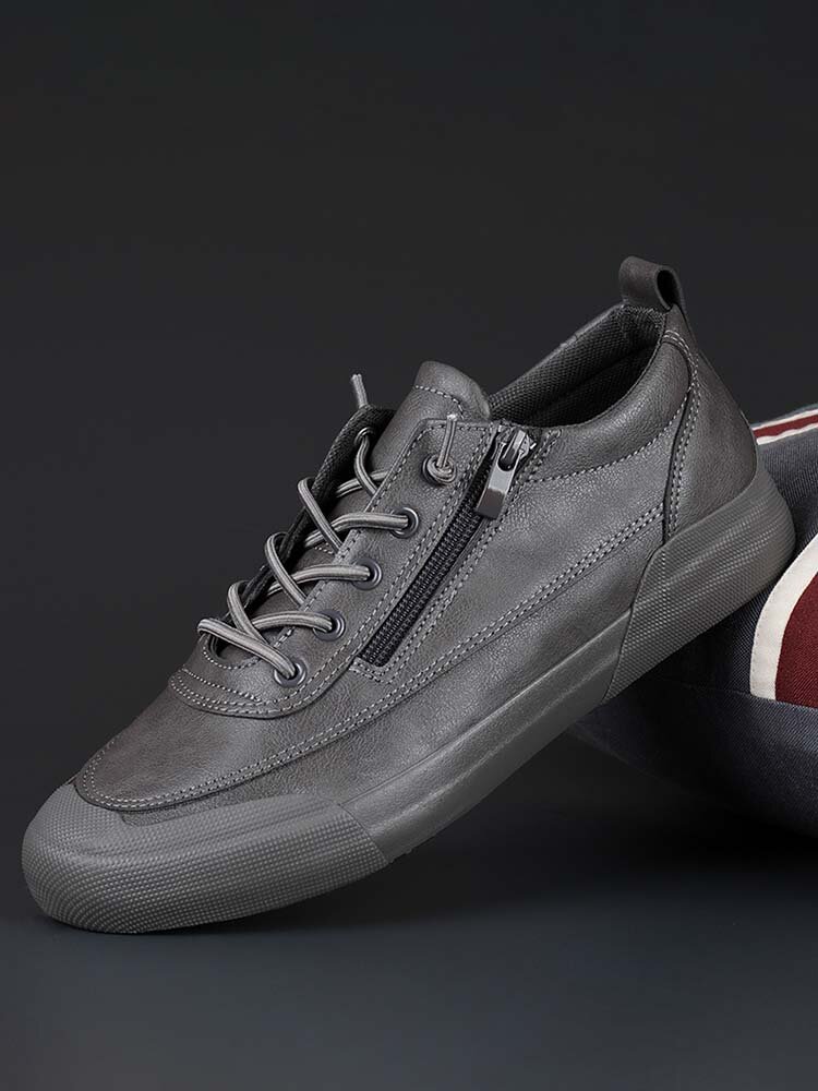 

Men Brief Microfiber Leather Lace Up Side Zipper Pure Color Casual Skate Shoes, Gray;coffee;black&white