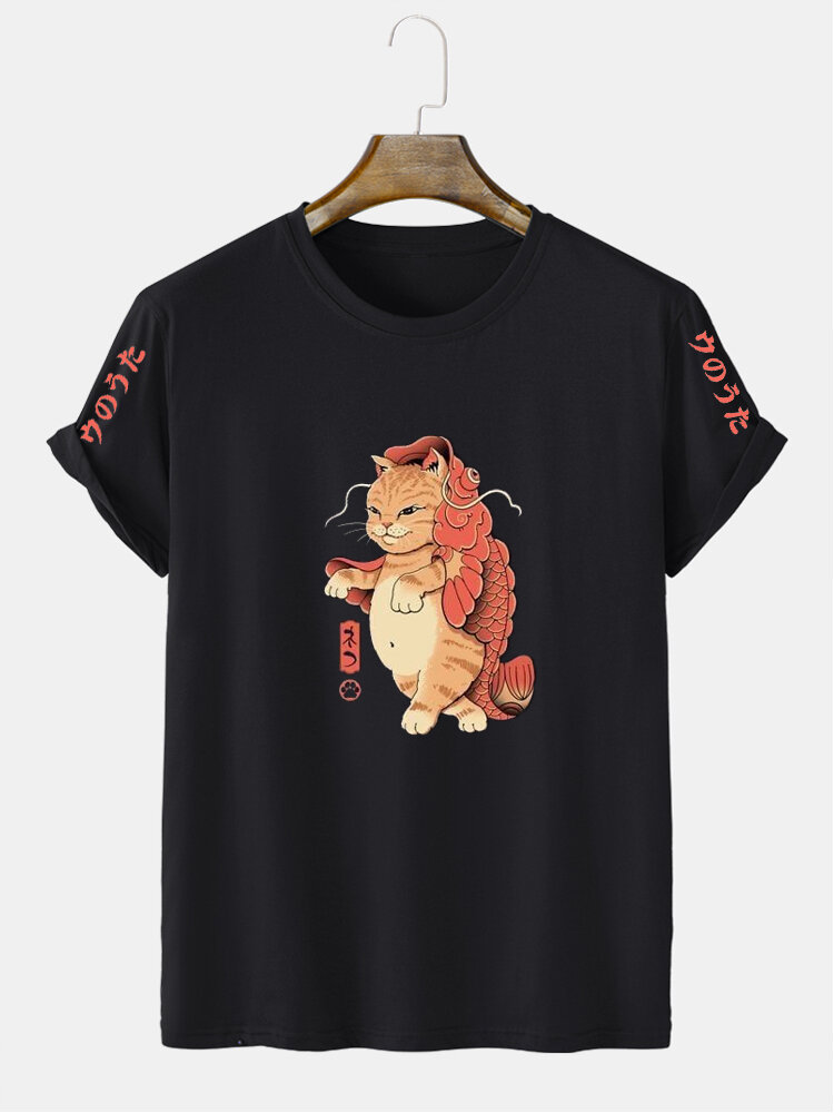 Mens Carp Cat Japanese Sleeve Print Crew Neck T-Shirts