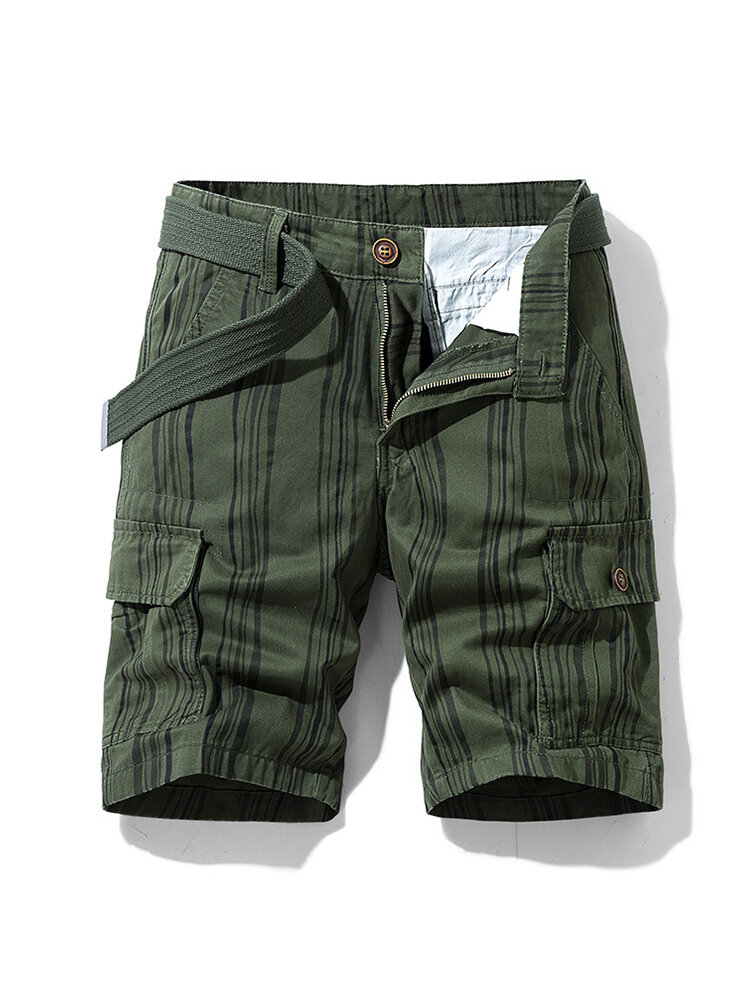 Mens Striped Utility Cargo Pocket No Belt Casual Shorts