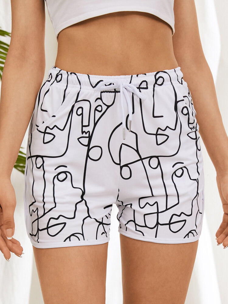 Plus Size Women Line Drawing Abstract Face Print Home Shorts Pajamas Bottoms