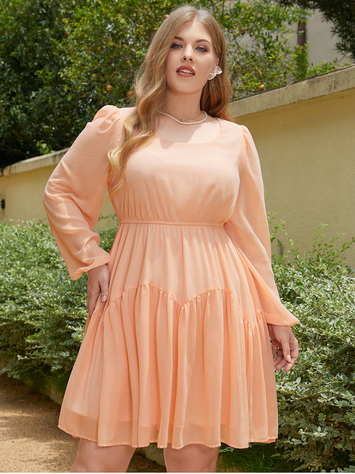 Plus Size Solid Color Splice Round Neck Long Sleeve Midi Dress