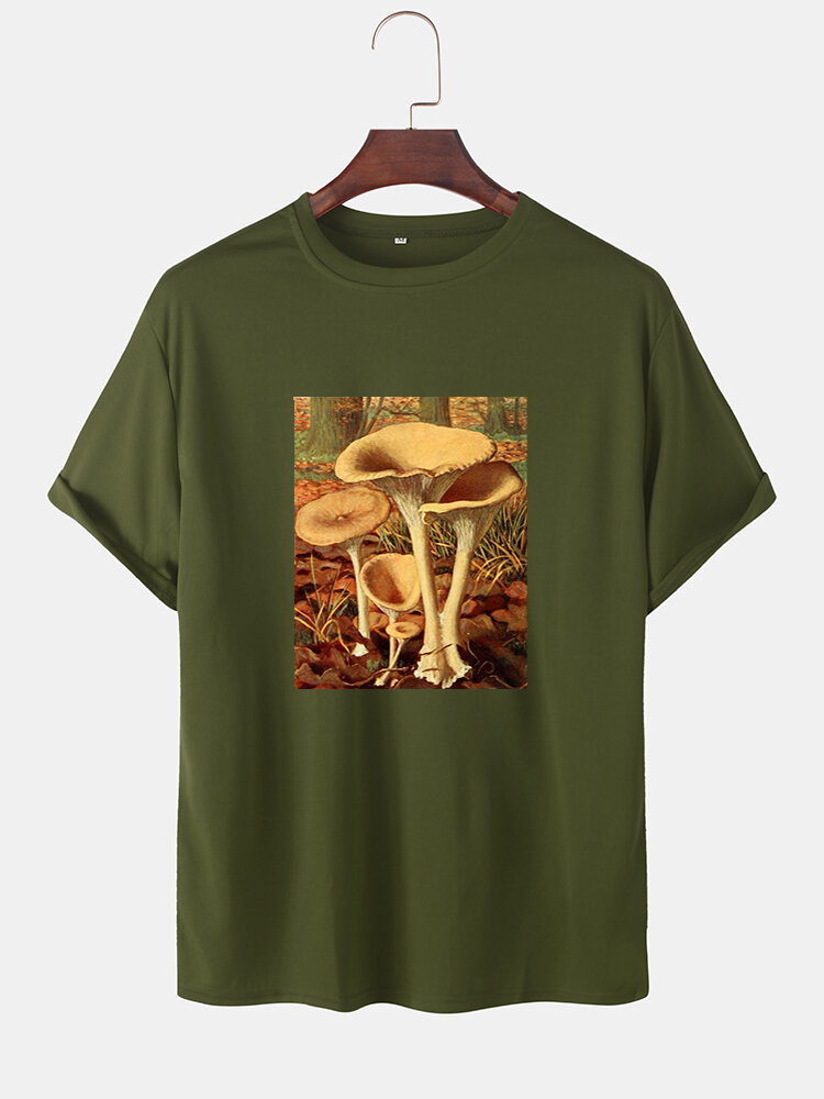 Mens Cartoon Mushroom Graphic O-Neck Community Spirit Cotton Short Sleeve T-Shirts