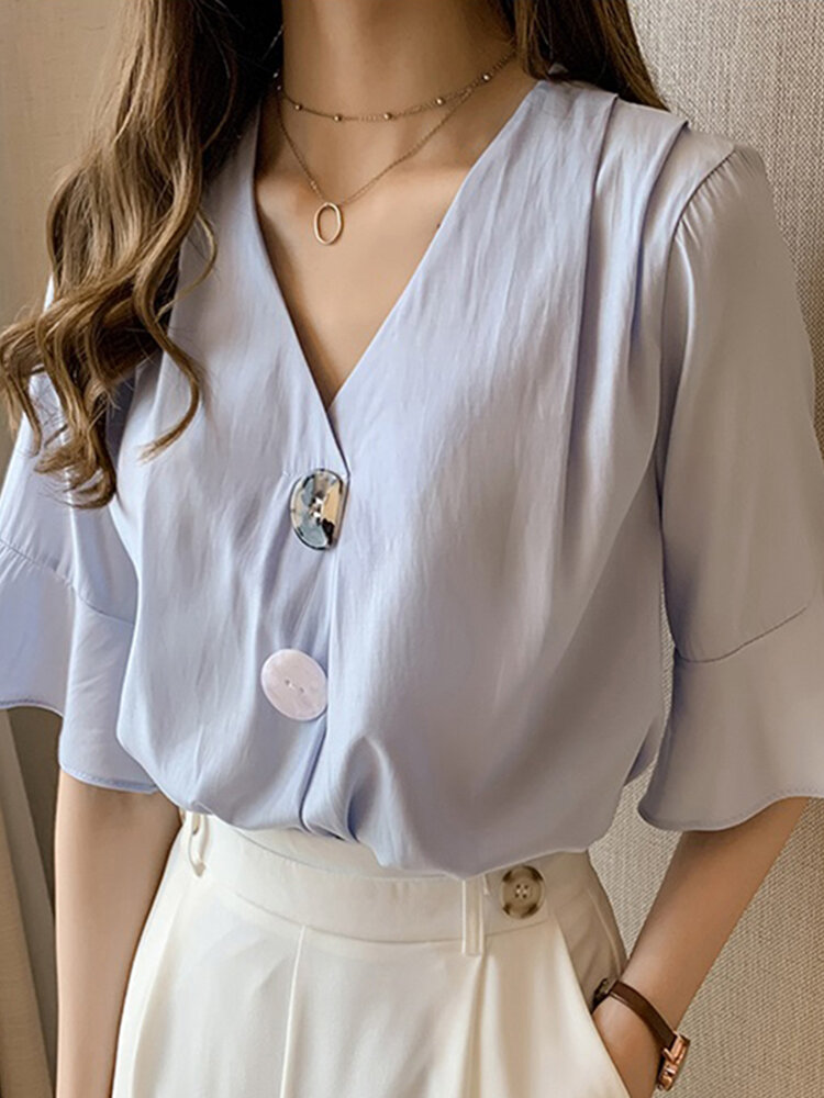 Ruffle Sleeve Solid V-neck Button Decor Chiffon Women Blouse