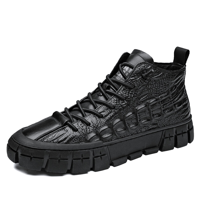

Men Brief Non Slip Alligator Veins Pure Color Lace-up Wearable Casual Sneakers, Black