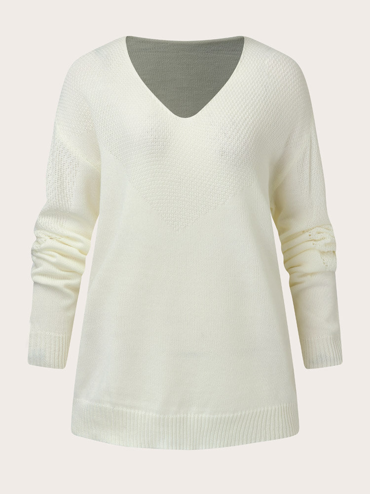 Plus Size Casual Knitted V-neck Solid Drop Shoulder Sweater