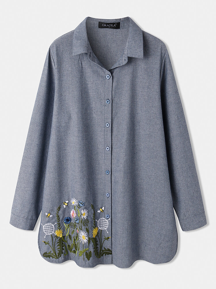 Flower Embroidered Lapel Collar Button Casual Shirt for Women