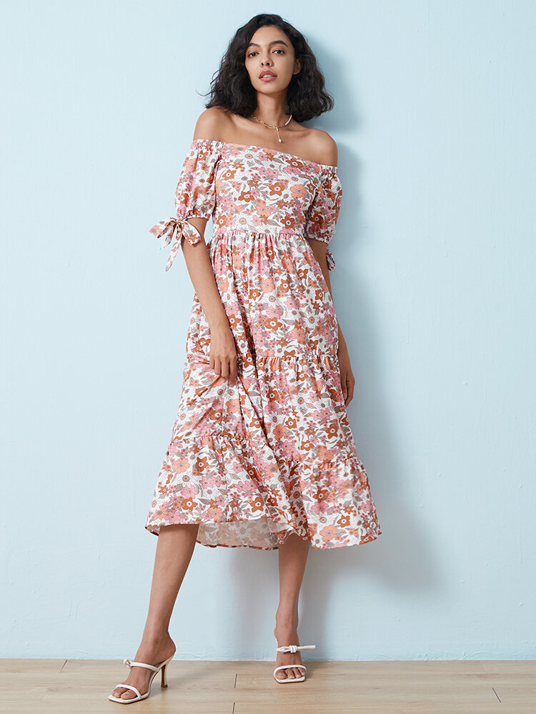 Floral Print Off Shoulder Ruched Lace Up Puff Sleeve Dress