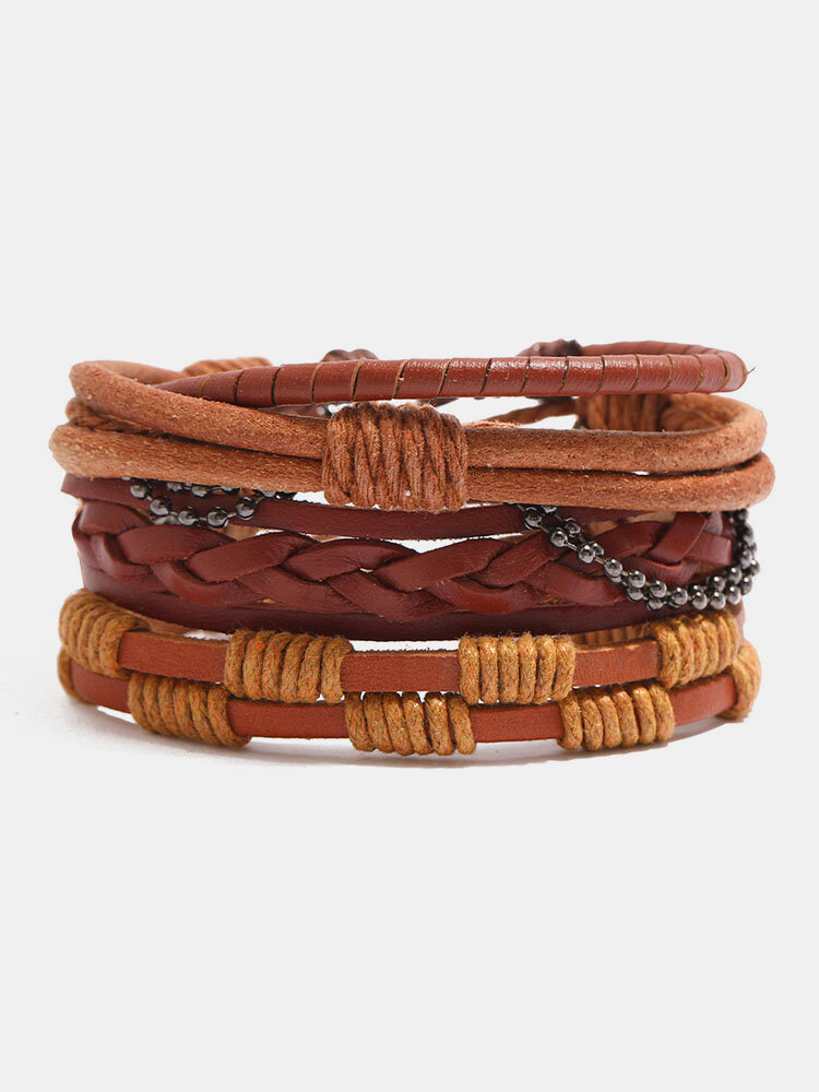 4 Pcs/Set Vintage Multi-layers Woven DIY Set Faux Leather Bracelets