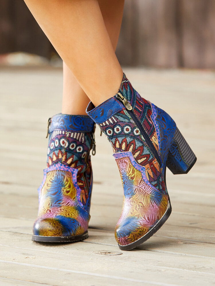 Socofy Bohemian Printed Colorful Leather Patchwork Side Zipper Soft Comfy Chunky Heel Short-Calf Ankle Boots