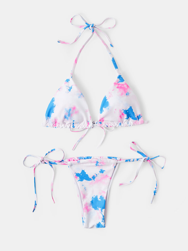 

Women Tie-Dye Gradient Triangle Bandage Bikinis Halter Open Back Beachwear, Blue