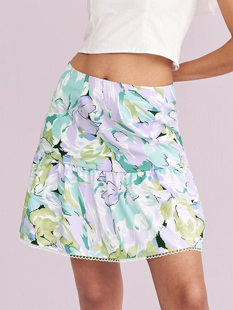 Flower Print Tiered High Waist Skirt For Women