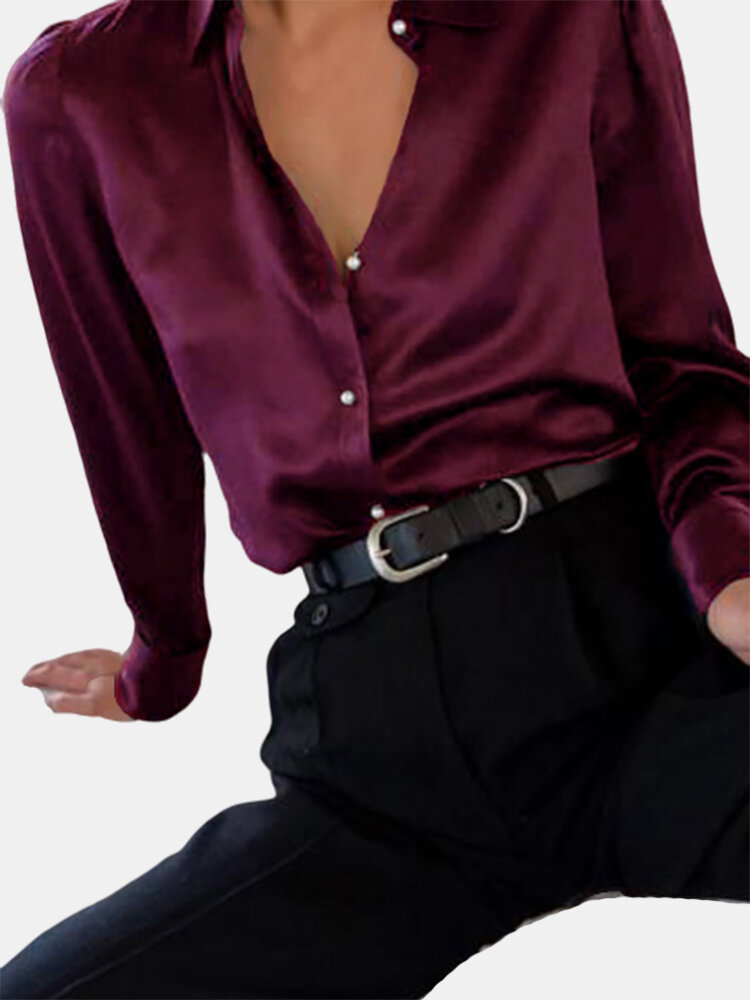 Satin Pearl Button Long Sleeve Plus Size Shirt