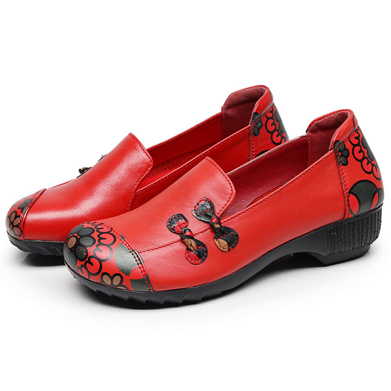 SOCOFY Retro Printing Flower Pattern Flat Soft Casual Leather Shoes