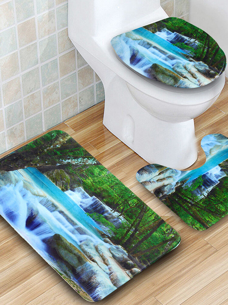 <US Instock>3 PCs US Waterfall Painting Carpet Shower Non-Slip Toilet Cover Lid Rug Mat
