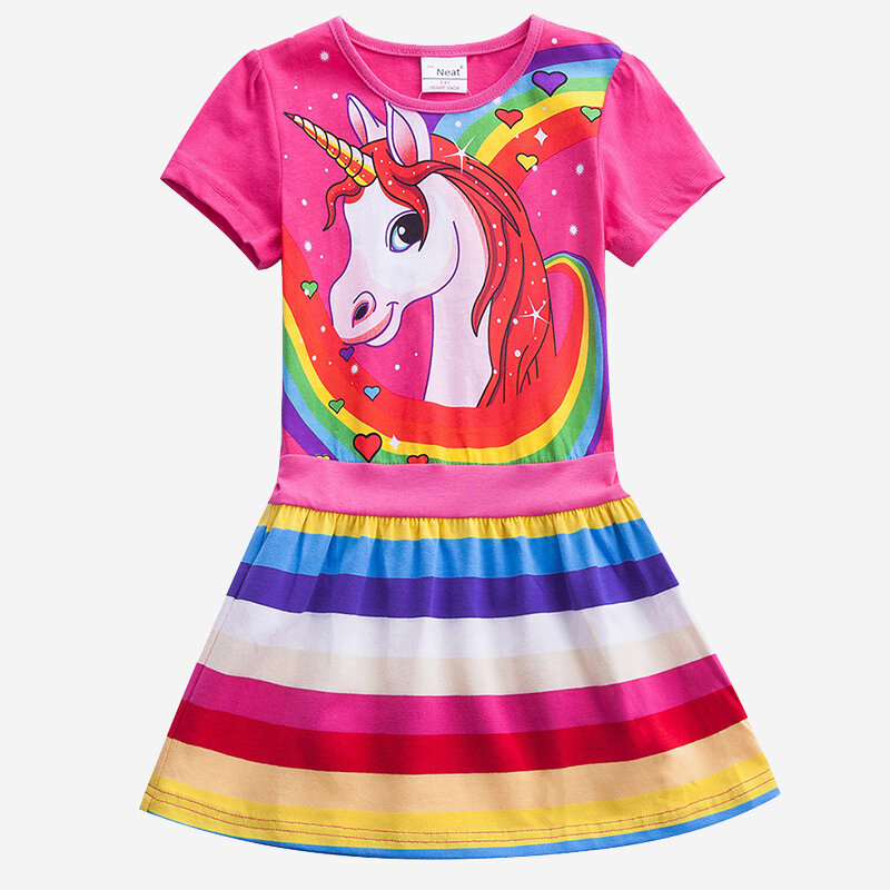 Girls Unicorn Rainbow Striped Print Short-sleeved Casual Dress For 3-8Y