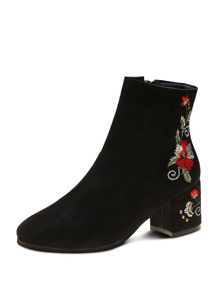 

Women Ethnic Floral Embroidered Suede Comfy Warm Lined Side-zip Chunky Heel Short Boots, White;black