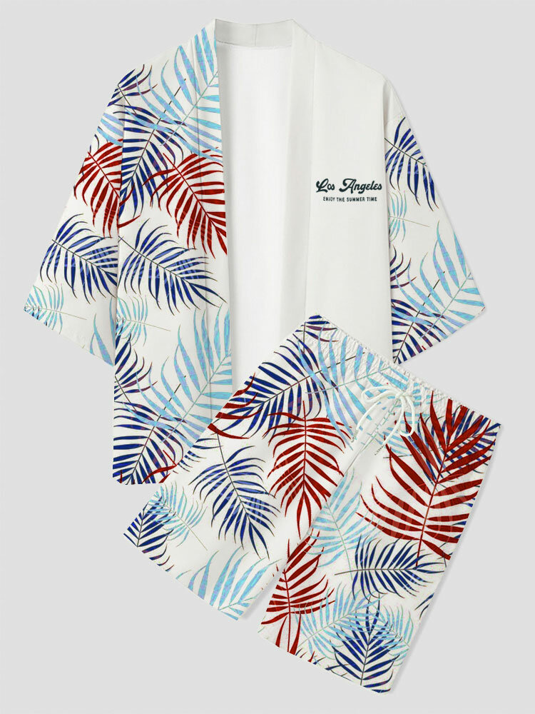 Conjunto masculino tropical Folha com estampa de letra quimono para férias duas peças