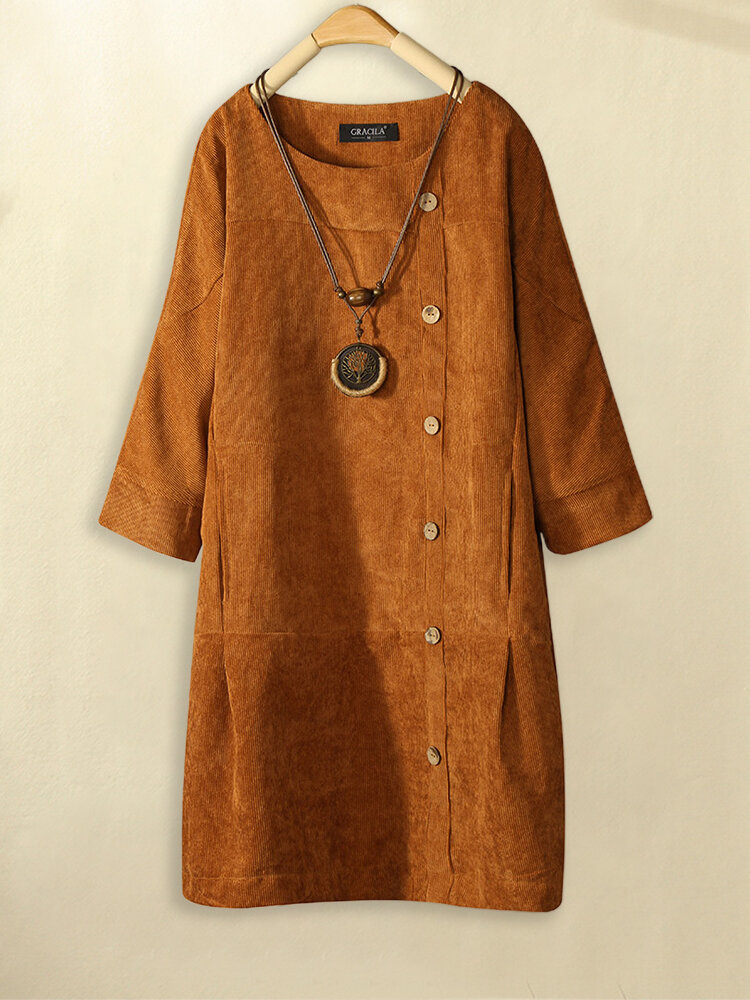 Corduroy Vintage Side Button Crew Neck Pockets Dress