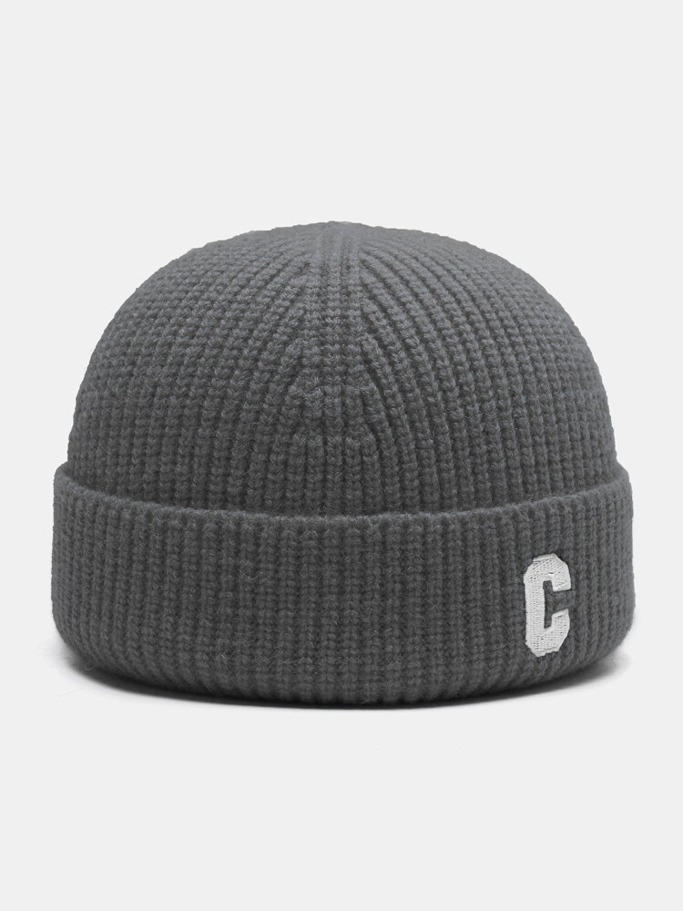 Unisex Knitted Solid Color C Letter Embroidery All-match Warmth Brimless Beanie Hat