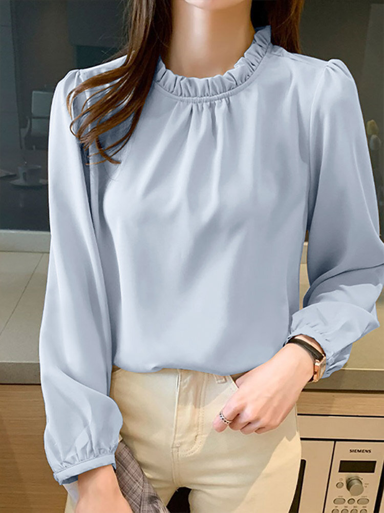 

Solid Ruffle Trim Stand Collar Long Sleeve Blouse, Apricot;blue;orange