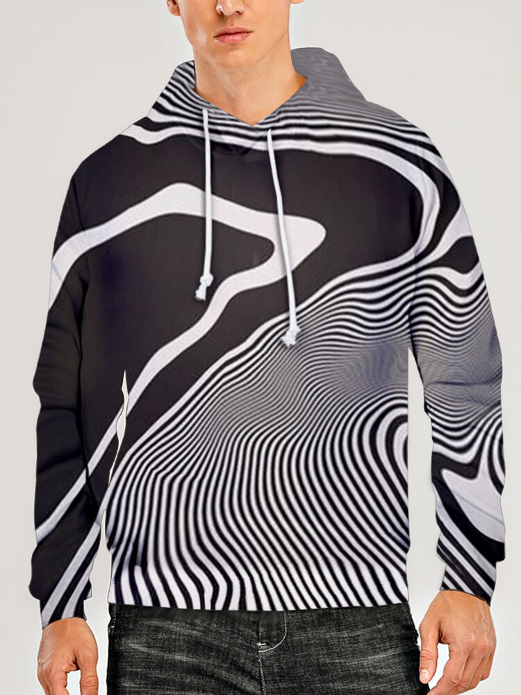 Mens All Over 3D Irregular Stripes Print Drawstring Pullover Hoodies