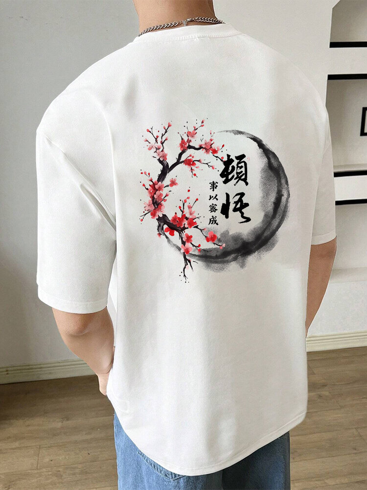 Mens Chinese Ink Floral Back Print Short Sleeve T-Shirts Winter