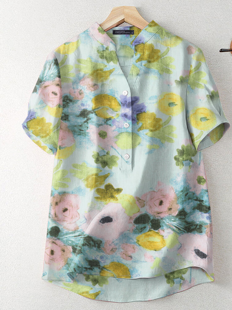 

Women Watercolor Floral Print Notched Neck Short Sleeve Shirt, Green;apricot;yellow