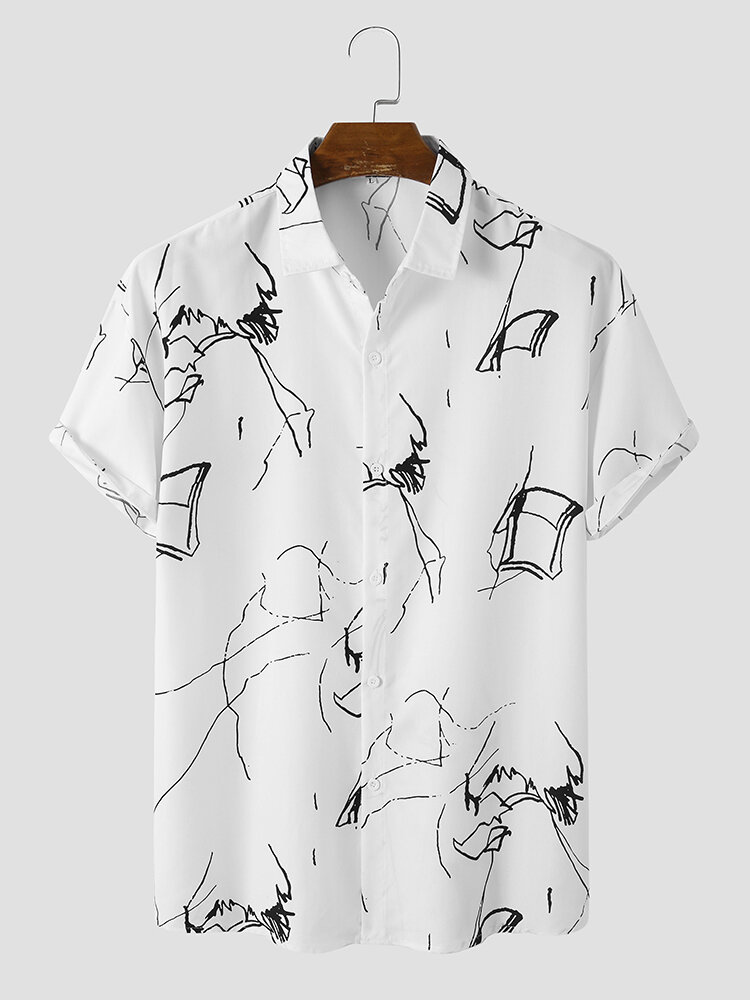 Mens Line Drawing Print Button Up Short Sleeve Shirts