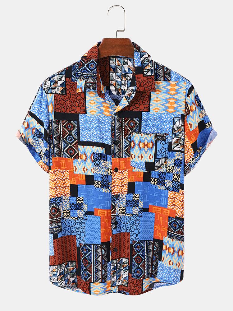 Mens Ethnic Colorful Geometric Print Button Front Short Sleeve Shirts