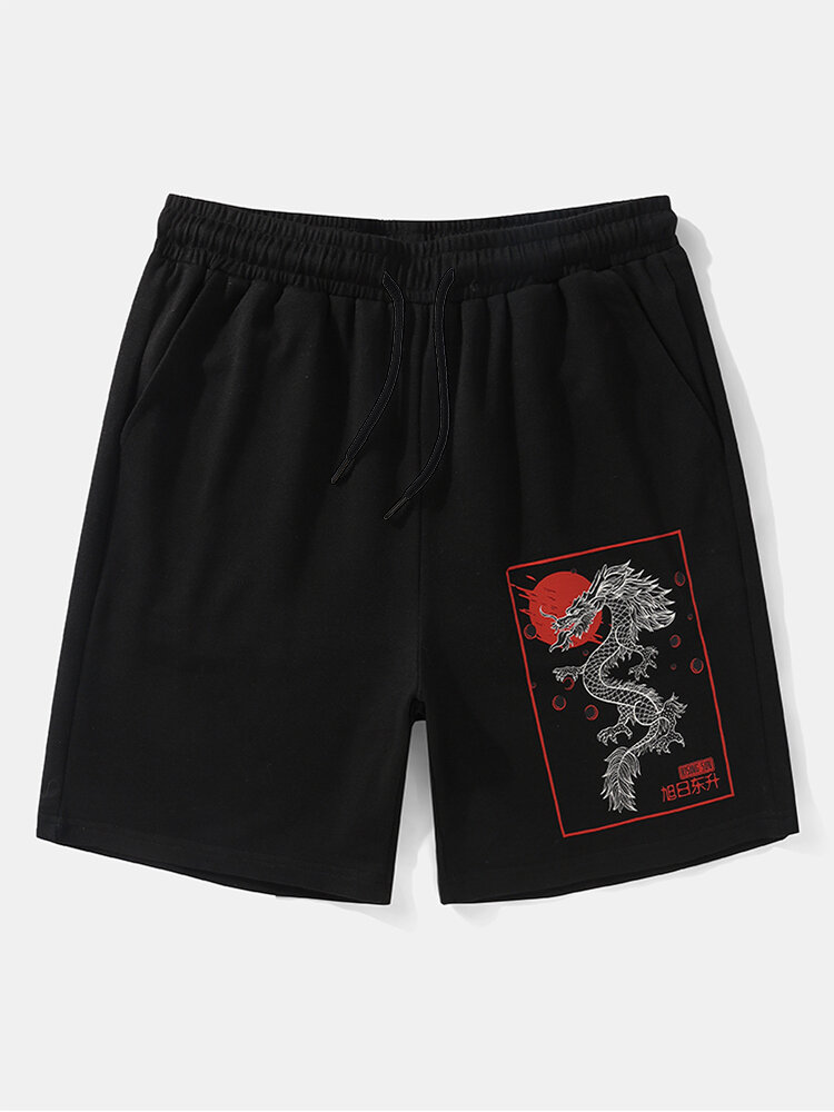 Mens Dragon Character Graphic Loose Drawstring Shorts With Pocket
