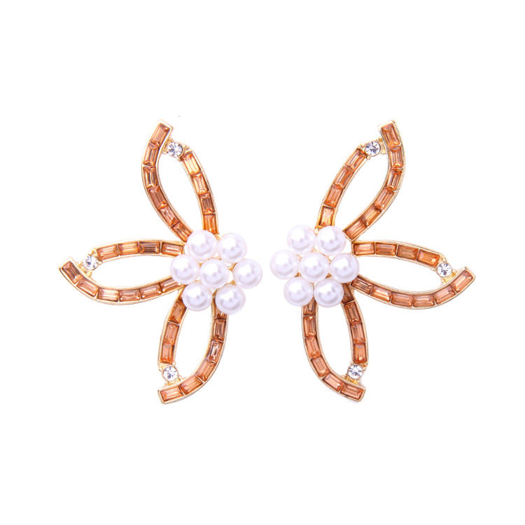 Sweet Crystal Flower Pearl Earrings Leaves Big Stud Earrings Party Jewelry for Women
