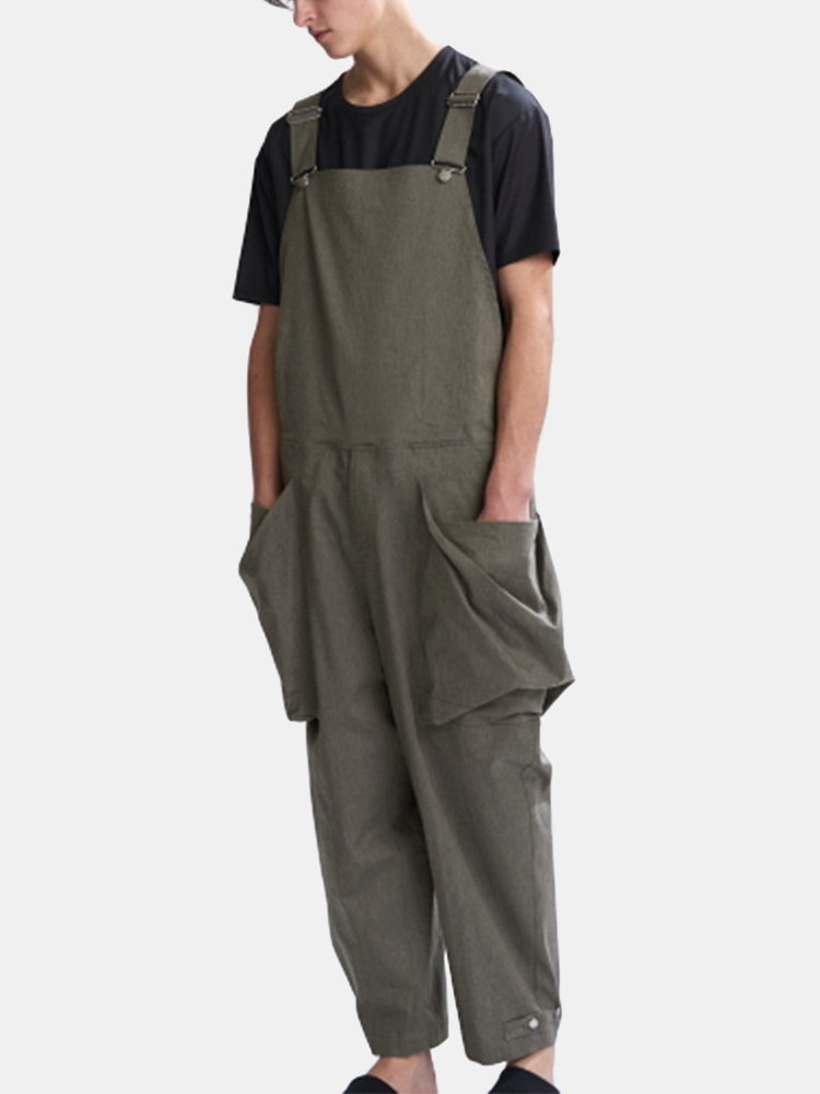 Mens Casual Big Pockets Loose Overalls Hip Hop Ankle Length Suspenders Cargo Pants