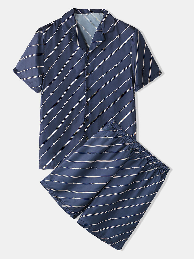Navy Stripe Pajamas Sets Two Pieces Business Style Faux Silk Loungewear for Men