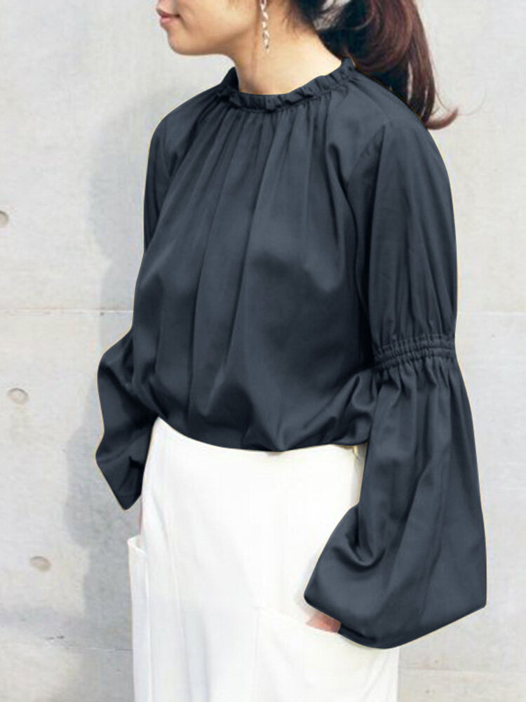 Solid Long Puff Sleeve Lettuce Edge Crew Neck Blouse