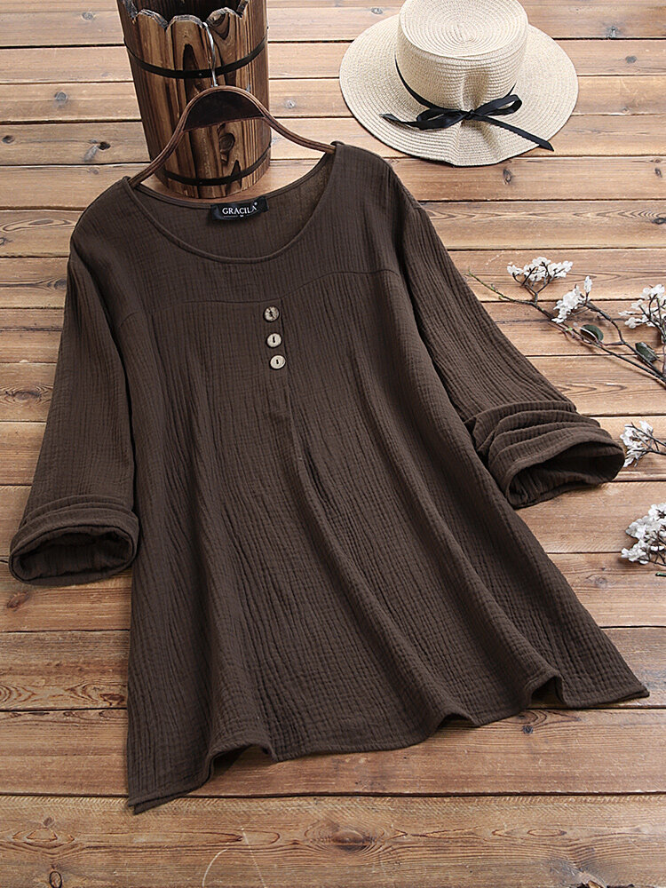 Casual Solid Color Long Sleeve Button O-neck Blouse For Women