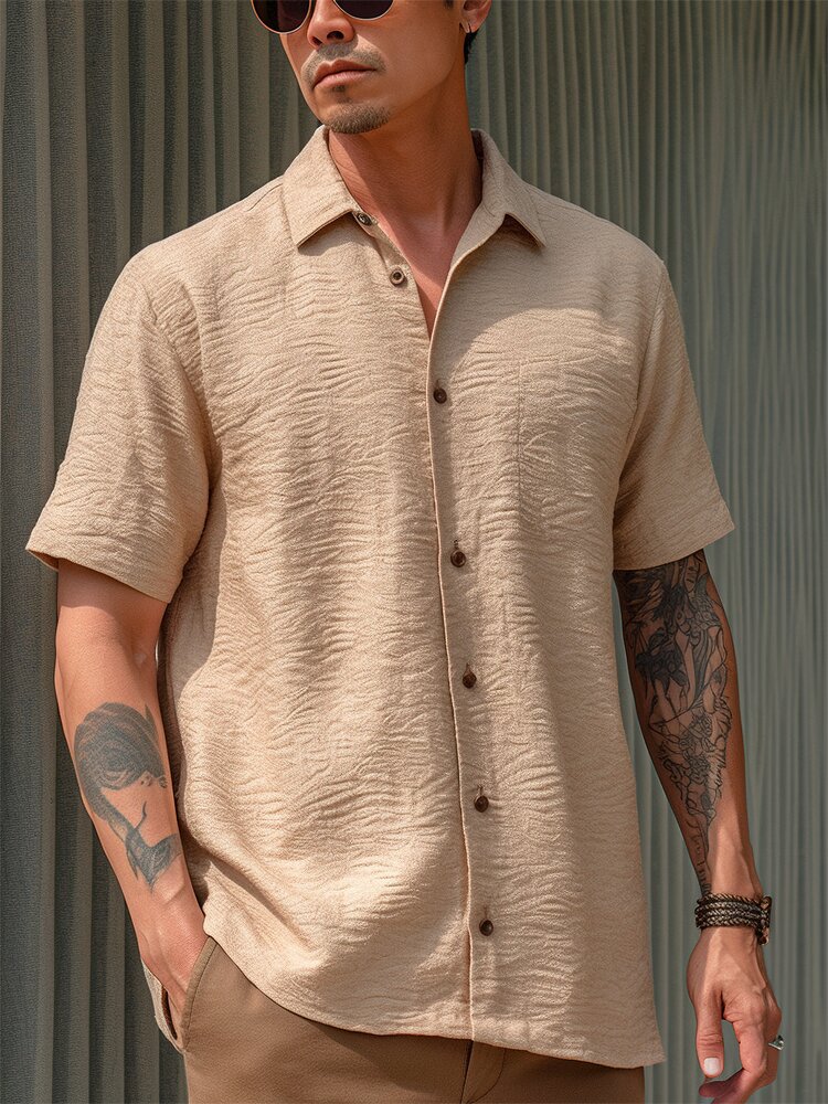 Mens Plain Texture Lapel Casual Short Sleeve Shirts