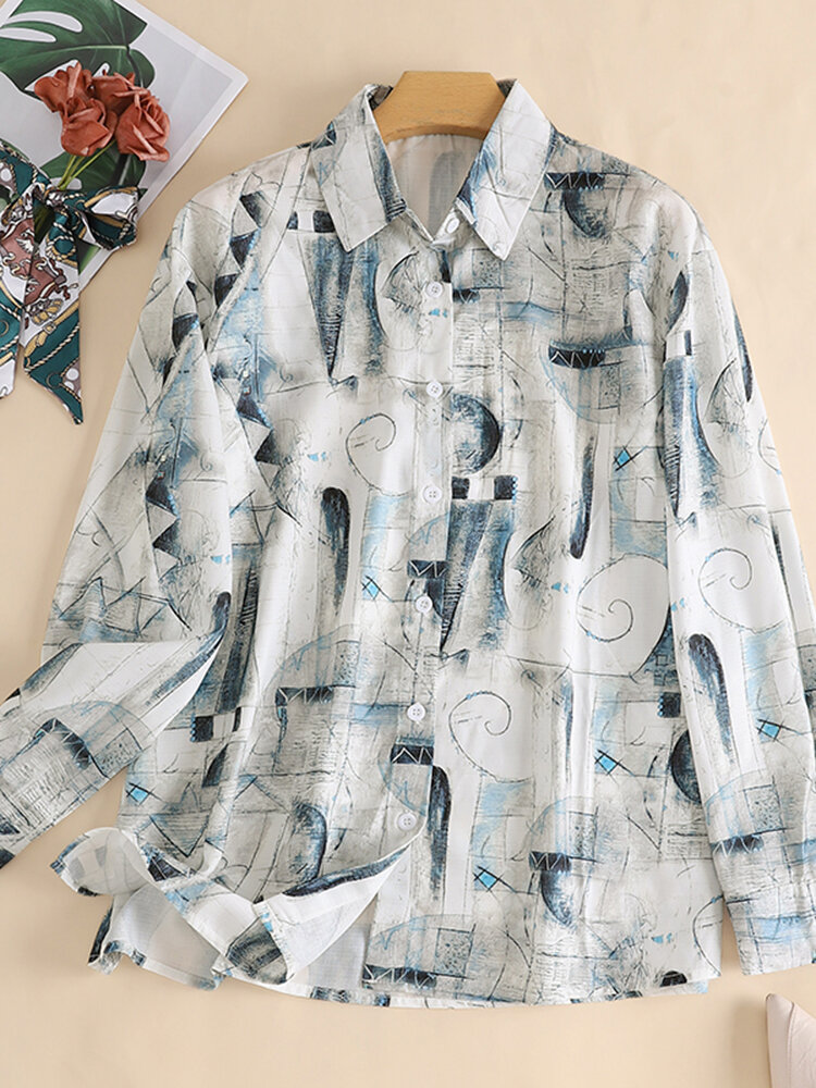 

Geo Flower Print Button Front Long Sleeve Lapel Shirt, Blue;white