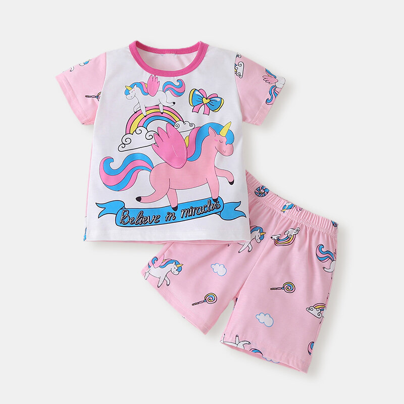 

Girl's Unicorn Print Short-sleeved Casual Clothing Set For 1-7Y, Pink