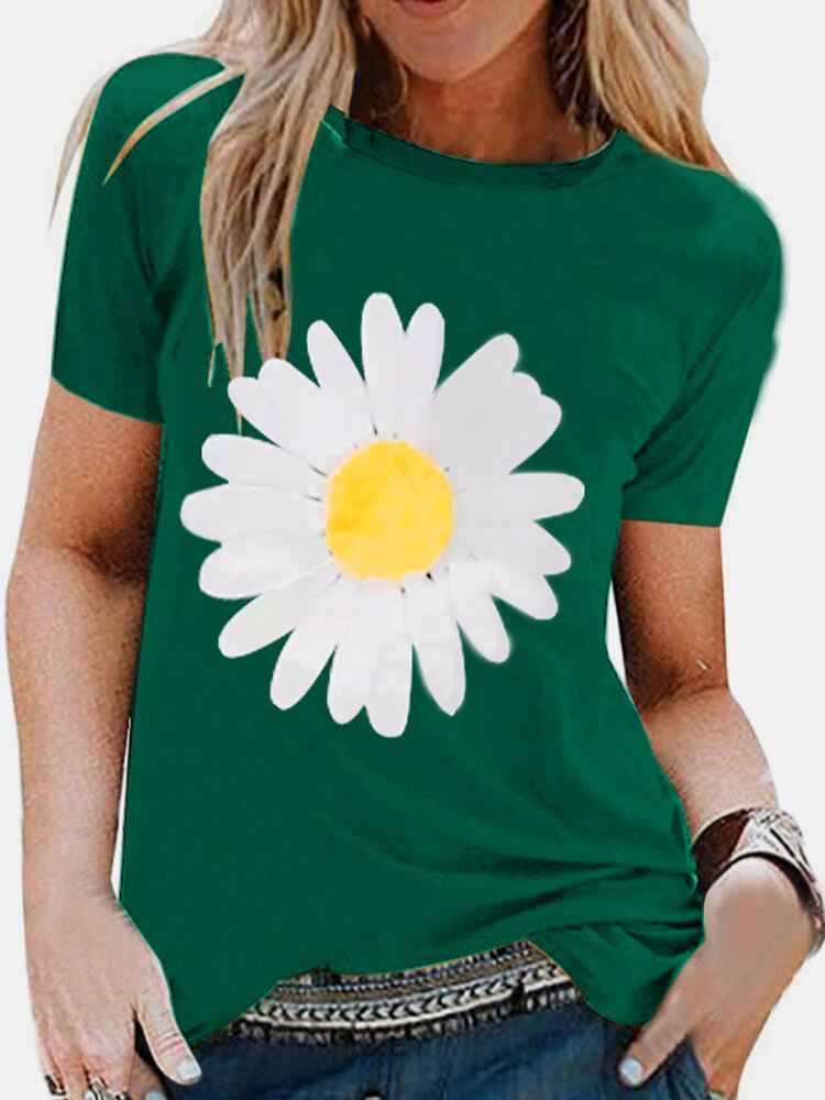 Short Sleeve Flower Print O-neck Casual T-shirt For Women