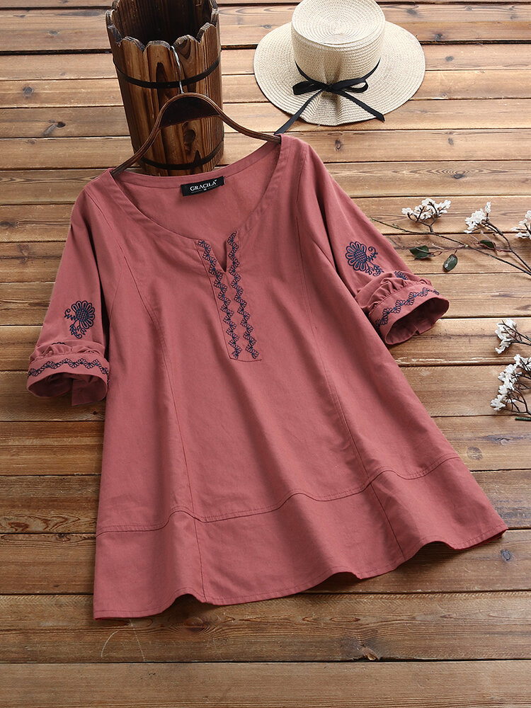 Floral Embroidery V-neck Half Sleeve Overhead Blouse