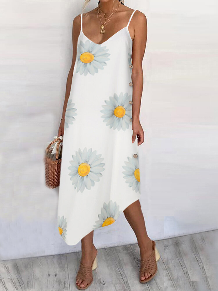 Bohemia Daisy Print Asymmetrical Straps Plus Size Dress