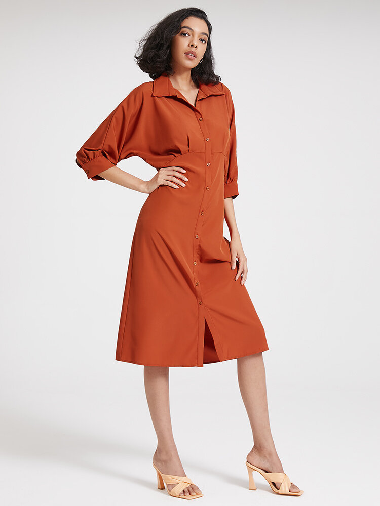 Solid Button Tie Back Lapel 3/4 Sleeve Casual Dress