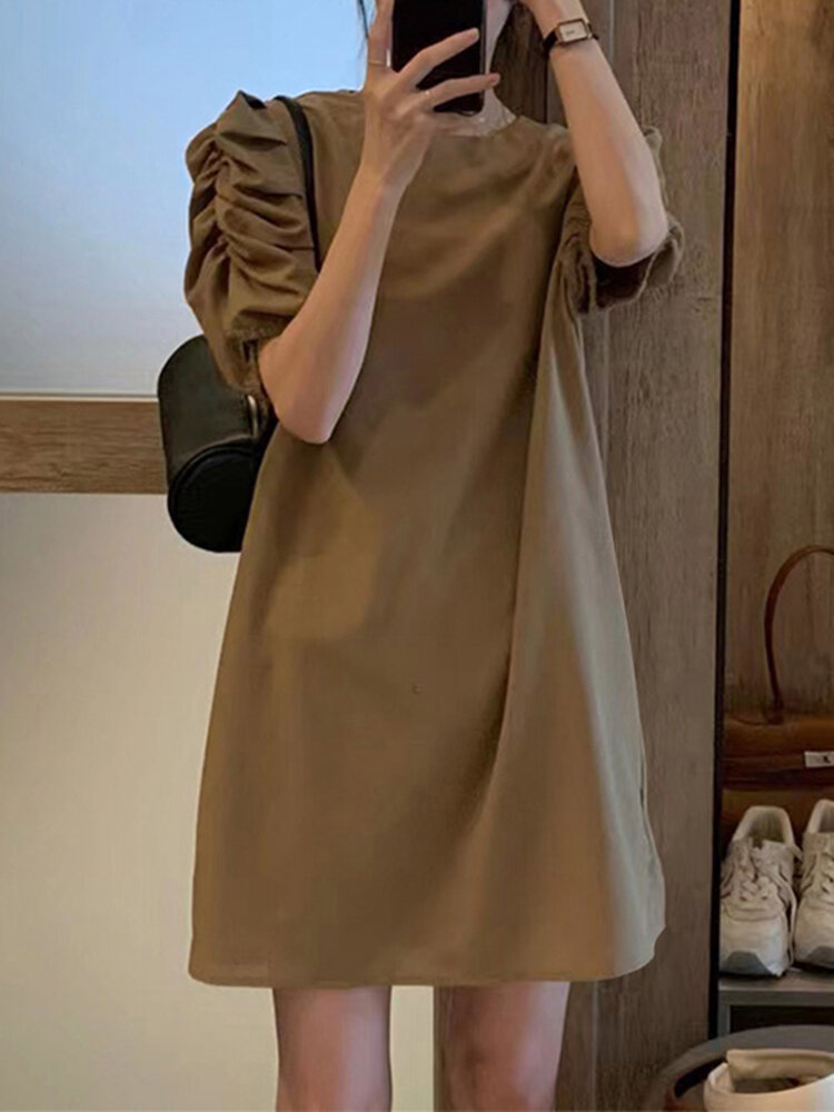 Solid Pleats Puff Sleeve Crew Neck Casual Dress