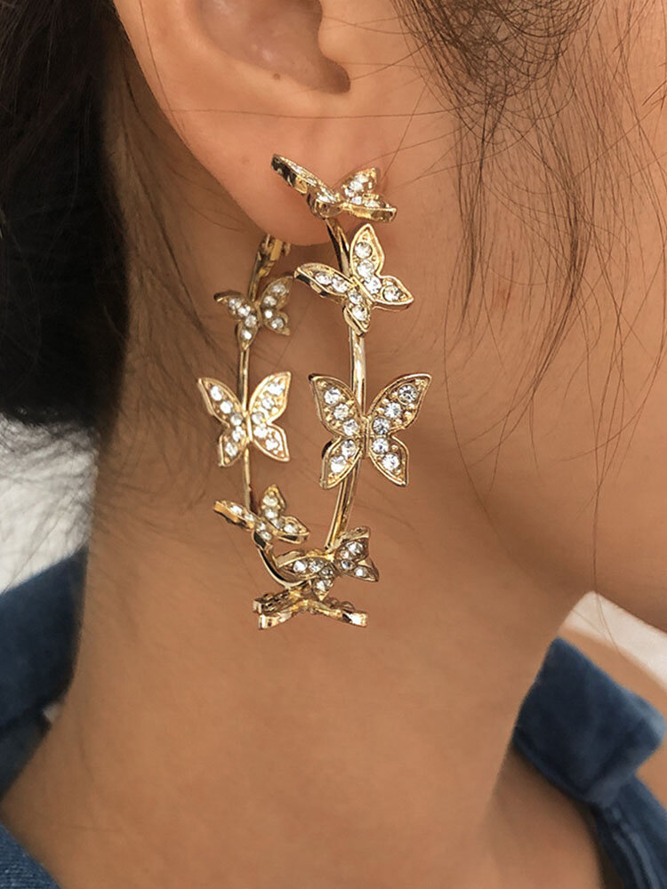 Trendy Luxury Full Rhinestones Butterflies Decorative Circle-shaped Zinc Alloy Hoop Earrings