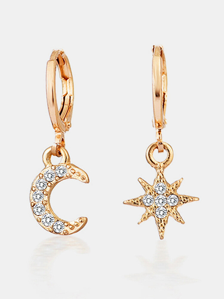 Fashion Luxury Creative Style Rhinestone Star & Moon Shape Asymmetric Alloy Earrings