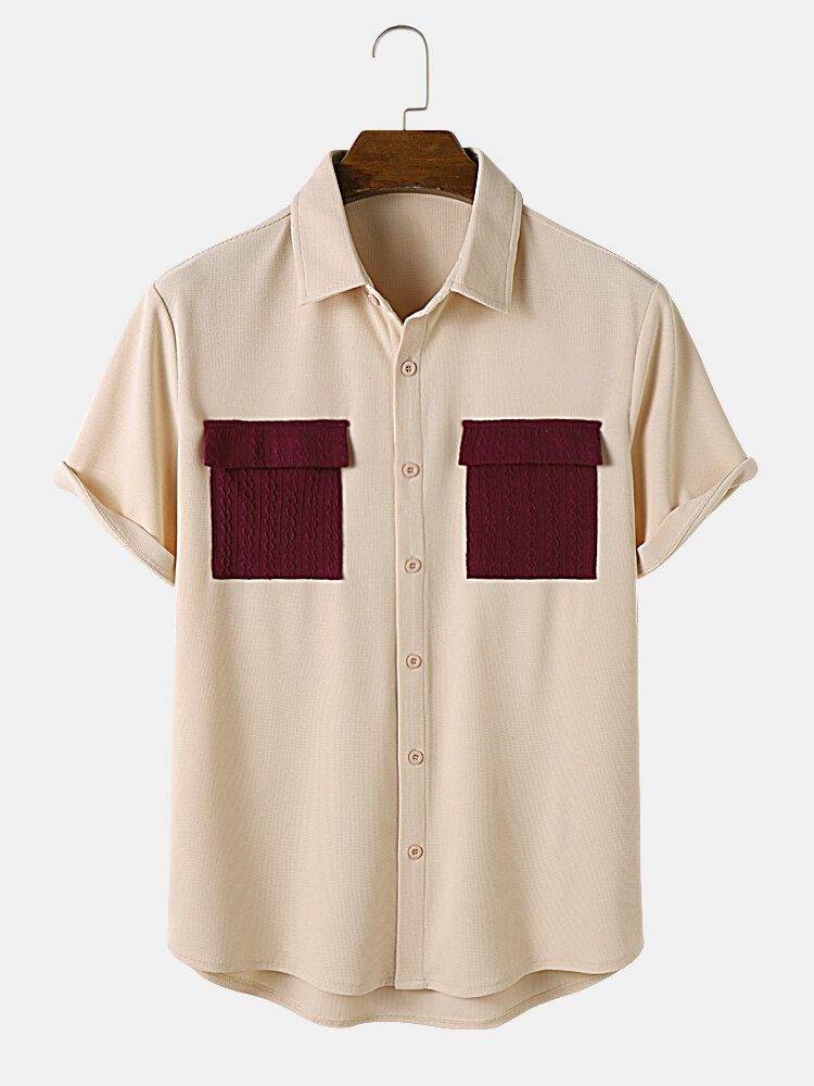 Camisas masculinas de tricô com aba e bolso casual de manga curta