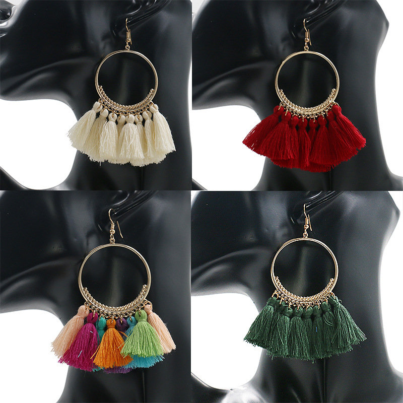 

Vintage Ear Drop Earring Hollow Round Colorful Fabric Tassel Pendant Dangle Ethnic Jewelry for Women, Blue;colorful;colorful blue;colorful red;pink;army green;black+white;peacock blue